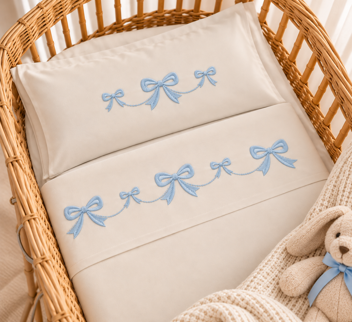 Set lenzuola culla 90x120 fiocchi bianco cielo