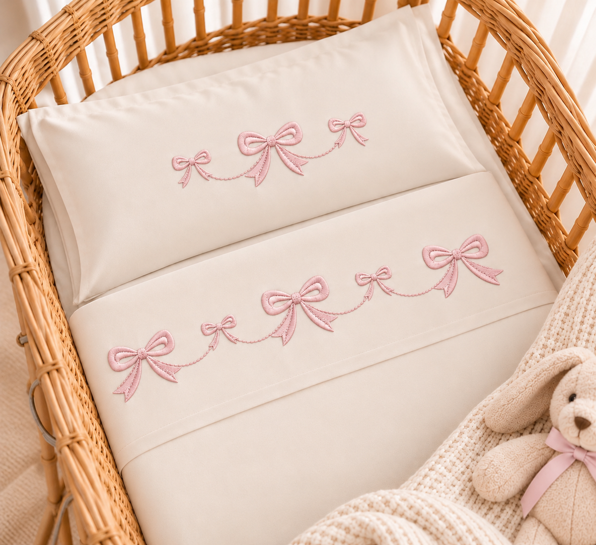 Set lenzuola culla 90x120 fiocchi bianco rosa